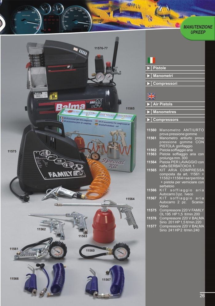 Air Compressors, manometers and air compressed pistols by Prodotti Record Lucca Italy.