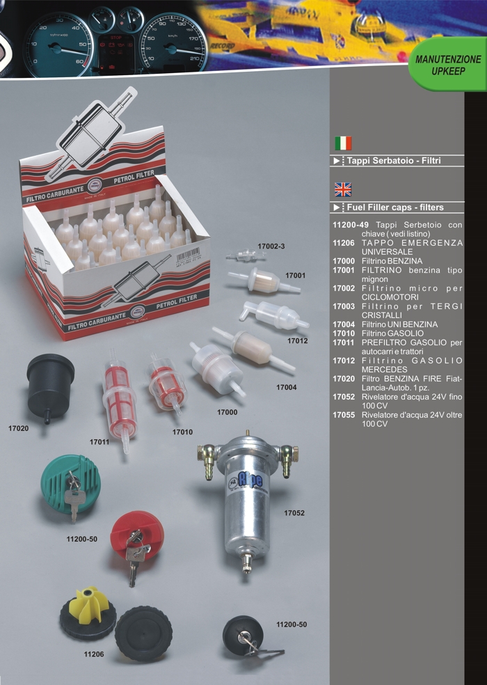 Petrol, gasoline filters for vehicle engines by Prodotti Record Lucca Italy.