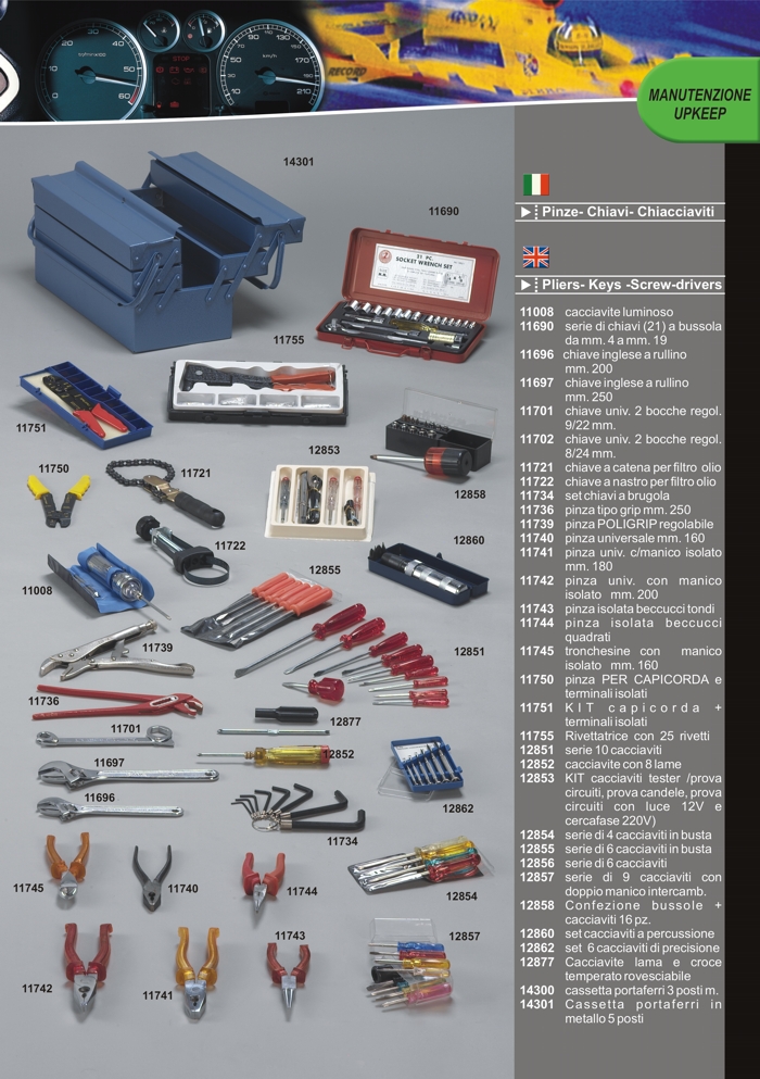 Pliers, keys, screw-drivers, tool boxes by Prodotti Record Lucca Italy.