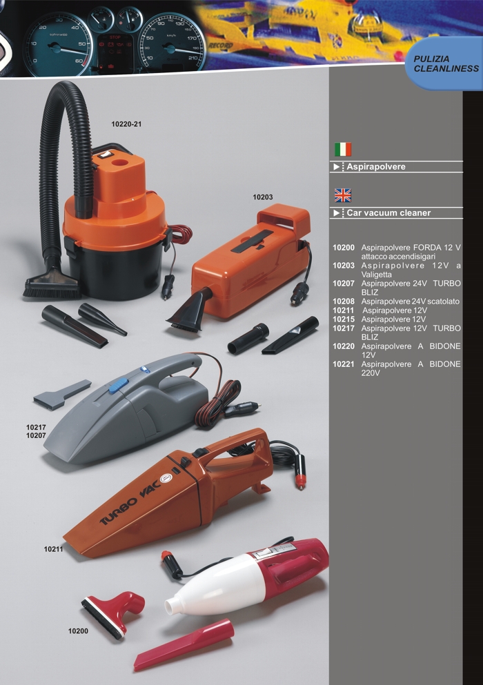 12VDC vacuum cleaners specific seat and car mats cleaning by Prodotti Record Lucca Italy.
