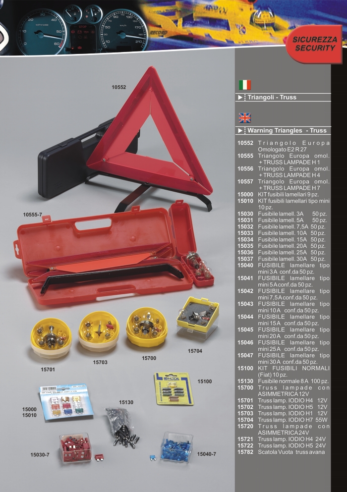 Warning triangles, car fuses and spare light kits by Prodotti Record Lucca Italy.
