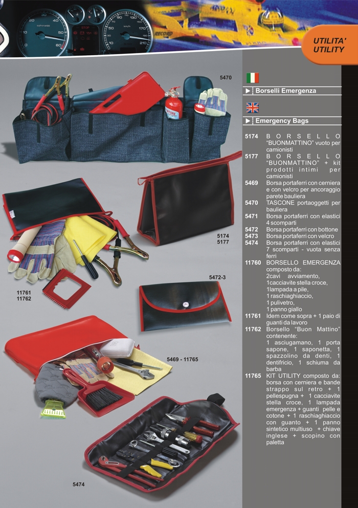Products Catalogue - Car and truck emergency tools bags by Prodotti Record Lucca Italy.