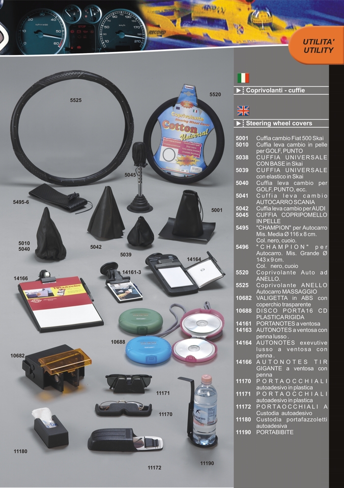 Catalogo accessori: Coprivolante, cuffie cambio, porta oggetti e porta CD da Prodotti Record Lucca