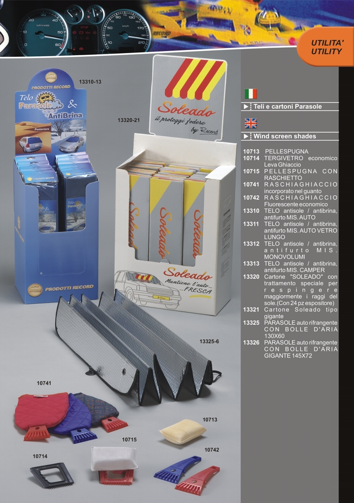 Catalogo accessori: Tende parasole e antibrina e raschiaghiaccio con guanto da Prodotti Record Lucca