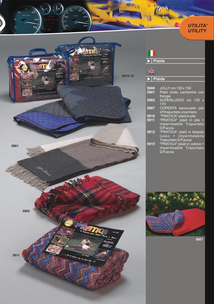 Catalogo accessori: Plaids di cachemire, pile, impermeabili e sacchi a pelo da Prodotti Record Lucca