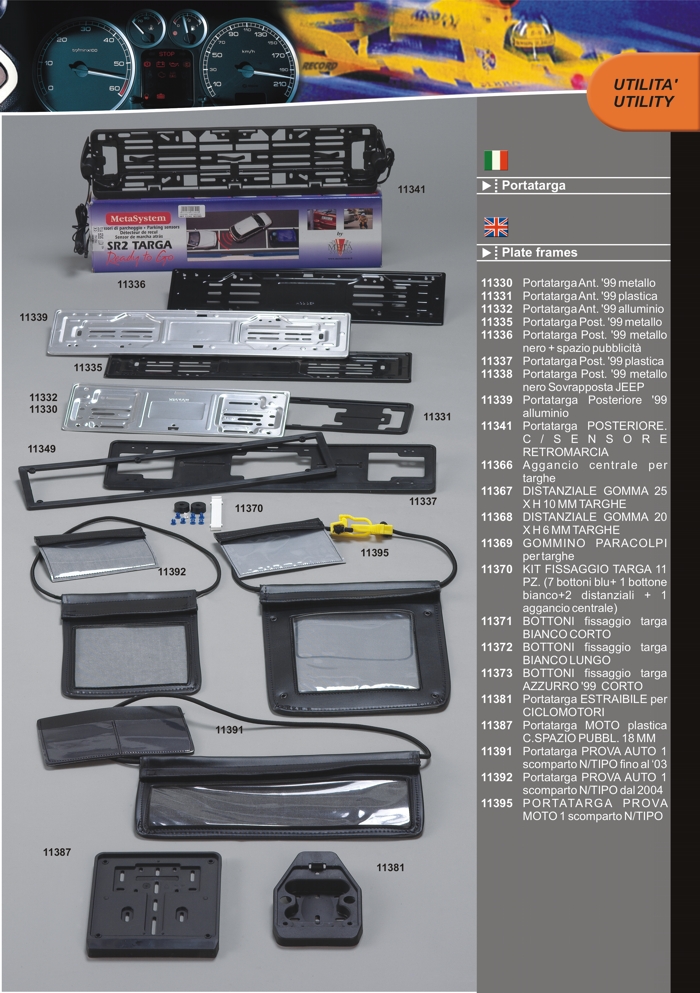 Products Catalogue - Plate holder and parking sensors by Prodotti Record Lucca Italy.