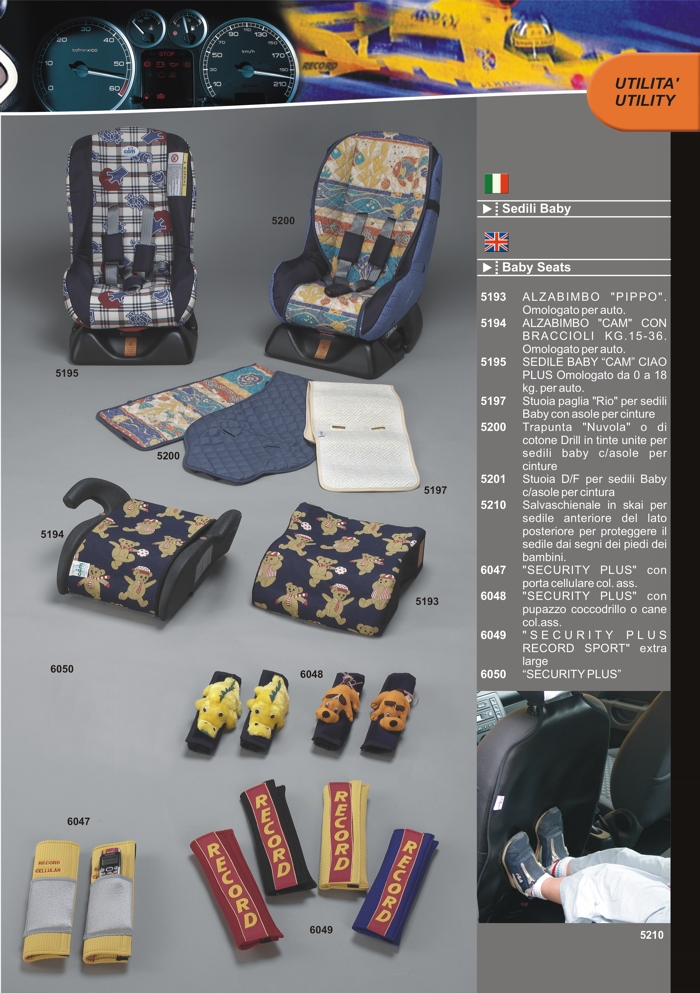 Baby seats, baby seat covers, back seat protection, seat belt protection by Prodotti Record Lucca Italy.
